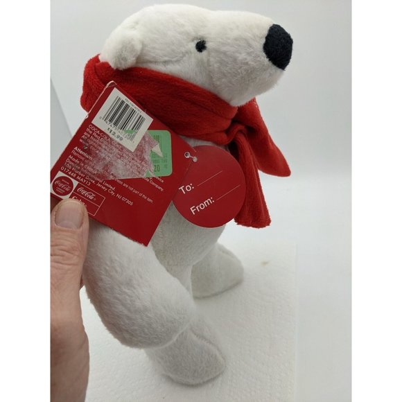 2013 Coca-Cola Plush Standing Polar Bear Red Scarf 10.5 inch Tag Is USED Writing - Picture 8 of 11